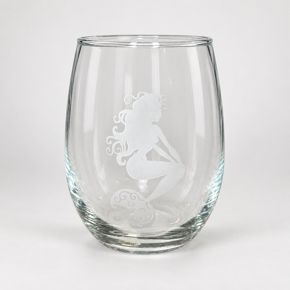 Vintage Etched Mermaid Stemless Wine Glass Clear Nautical Coastal Barware 5 in